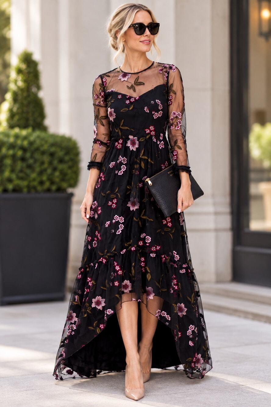 SHOSHANNA MIDNIGHT Black Pink Cherry Blossom Mesh High-Low 3/4 Sleeve Gown sz 2